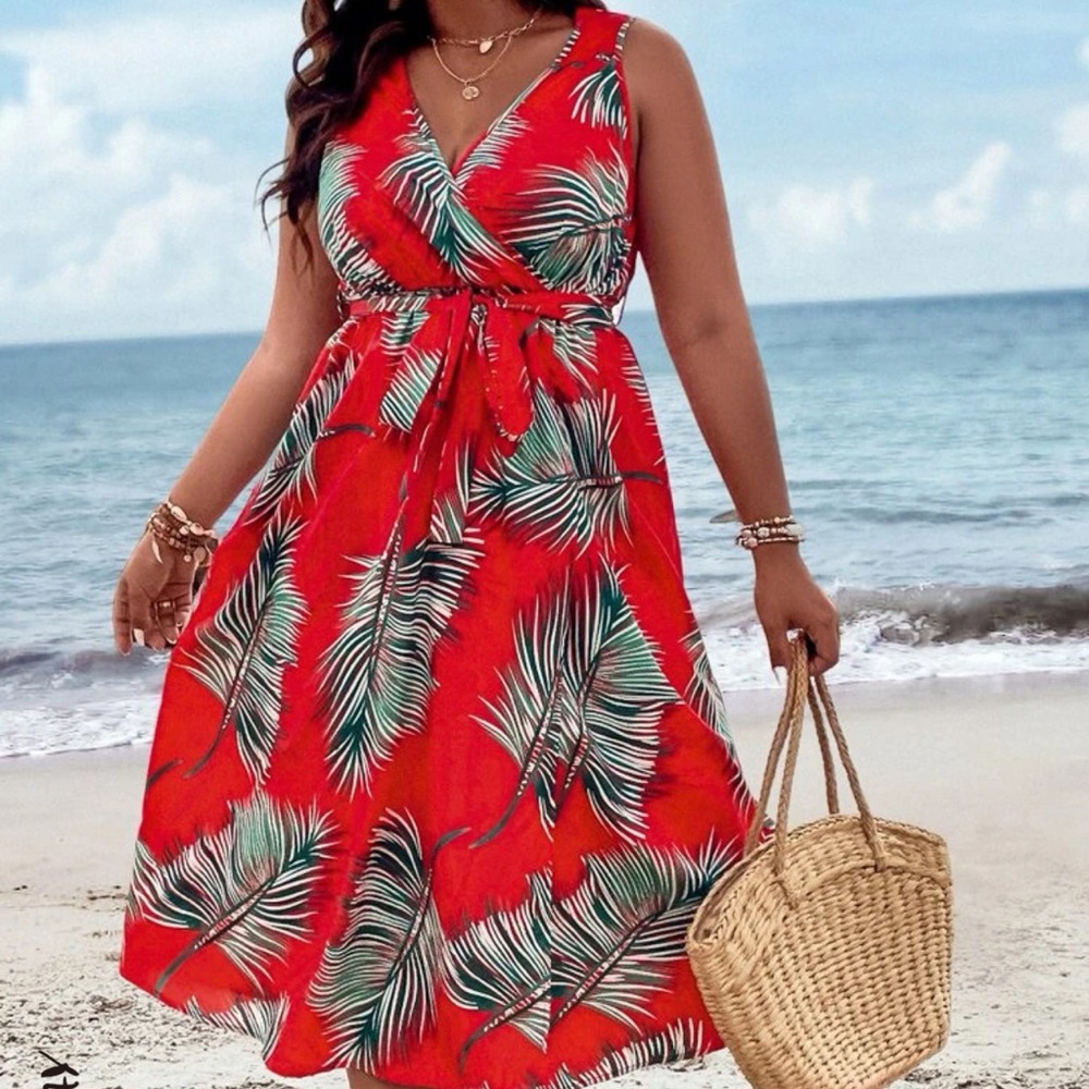 Red Palm Wrap Dress with Green Accents